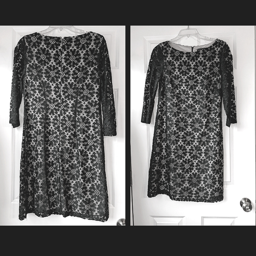 Jessica Howard Green Geometric Floral Pattern Lace Over Cream Lined Midi Dress - Picture 3 of 8